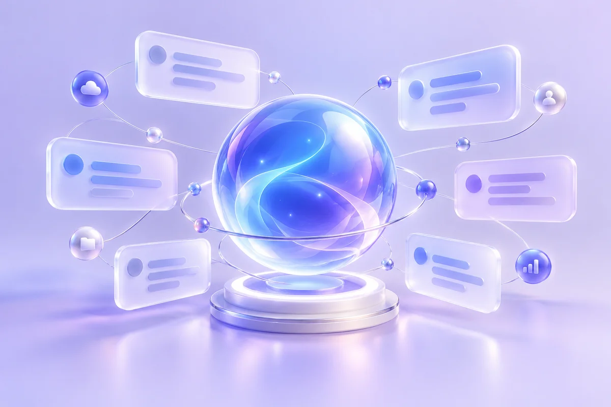 Luminous assistant orb surrounded by conversation cards