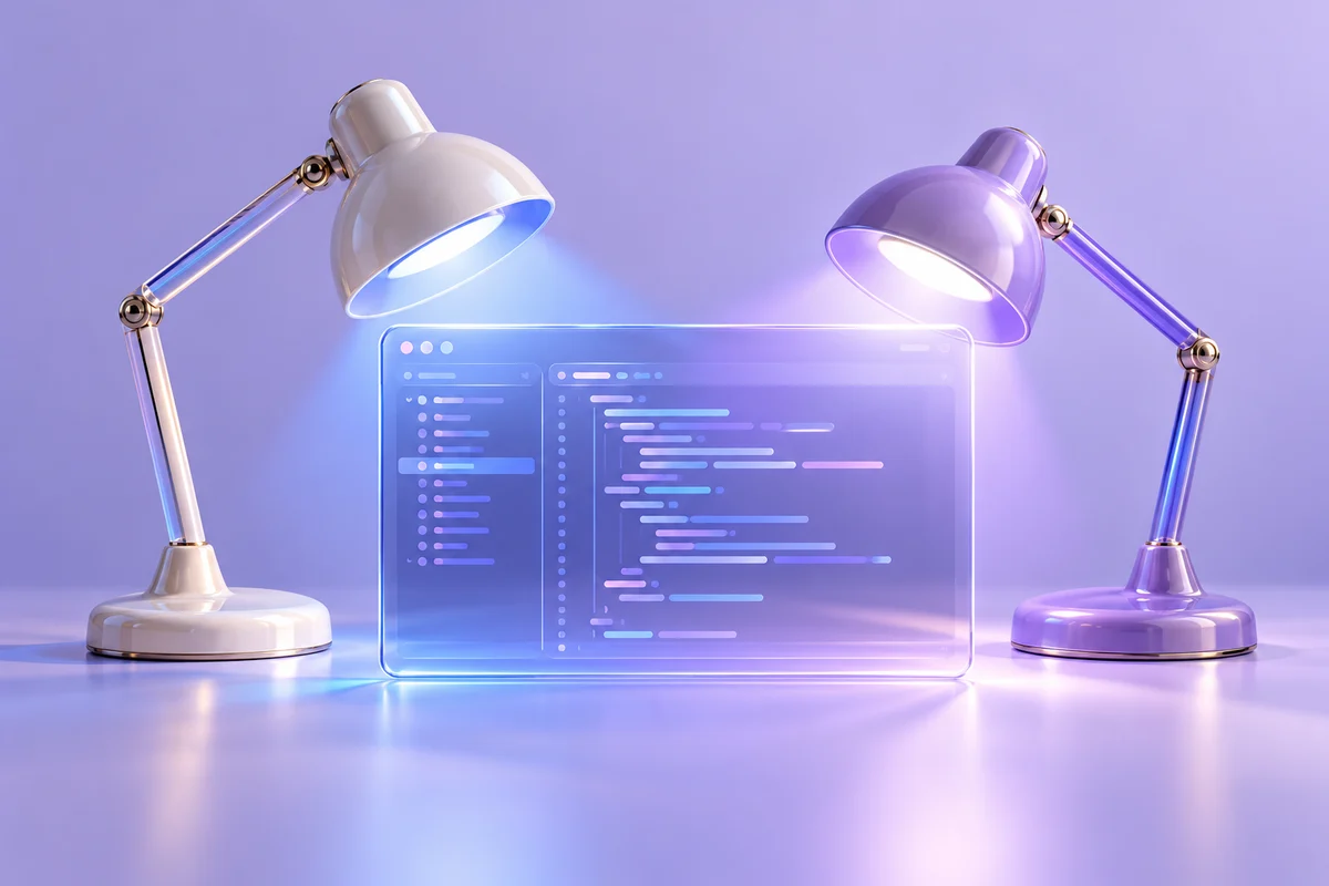 Two lamps illuminating a shared code workspace, representing mentorship