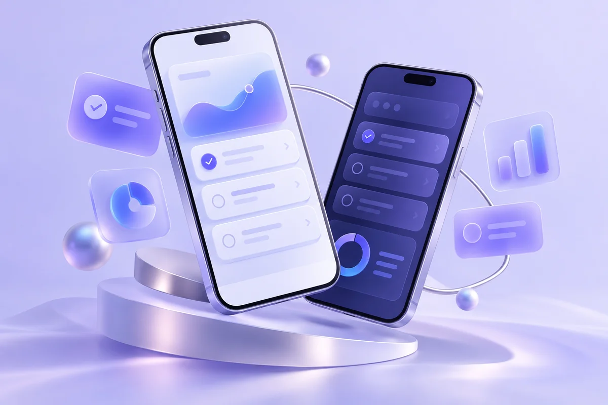 Illustrative mobile task interfaces on two floating phones