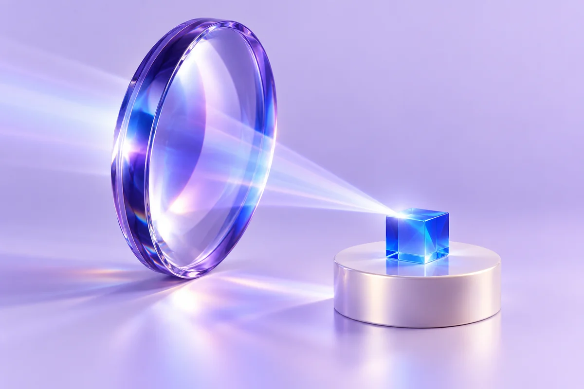Violet lens focusing light onto a blue cube