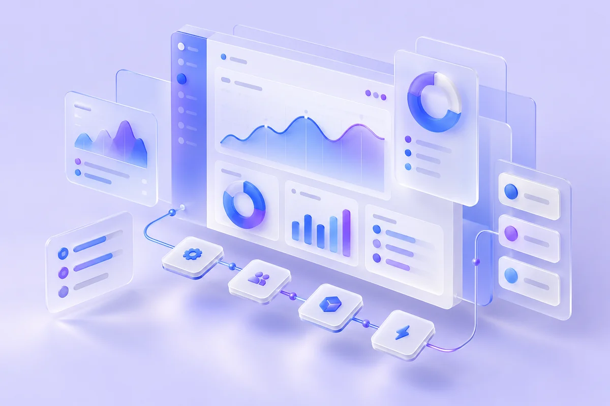 Illustrative floating SaaS dashboard with charts and workflow cards